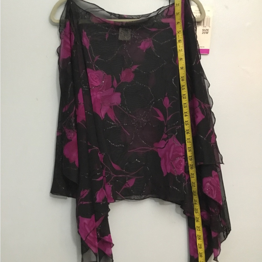 Black Sheer Fabric with Fuchsia Floral Embroidery